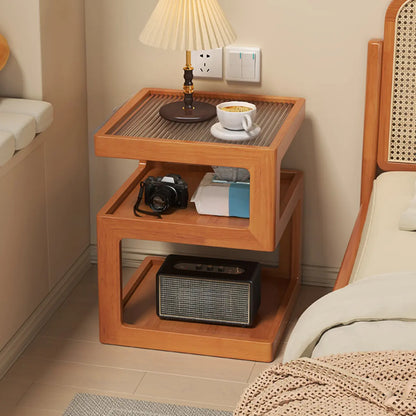 Organic Wood Bedside Cabinet with Glass Top Nightstand