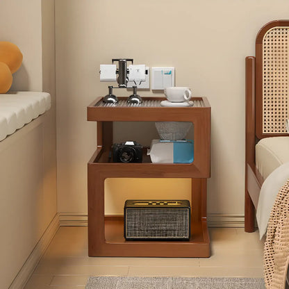 Organic Wood Bedside Cabinet with Glass Top Nightstand