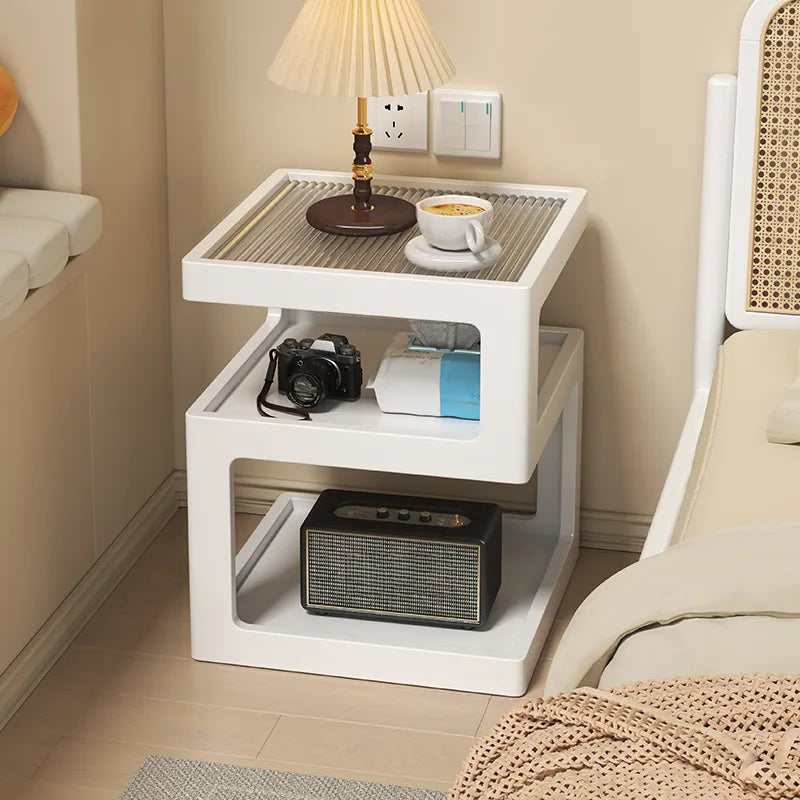 Organic Wood Bedside Cabinet with Glass Top Nightstand