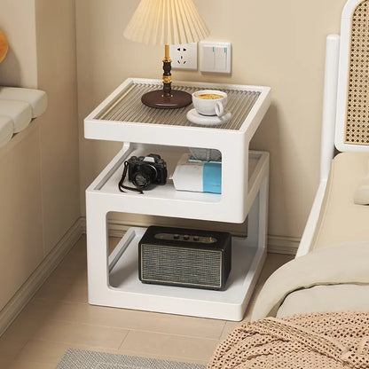 Organic Wood Bedside Cabinet with Glass Top Nightstand