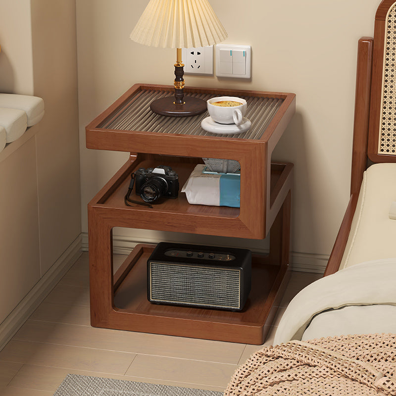 Organic Wood Bedside Cabinet with Glass Top Nightstand