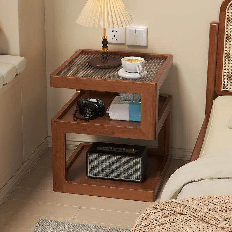 Organic Wood Bedside Cabinet with Glass Top Nightstand