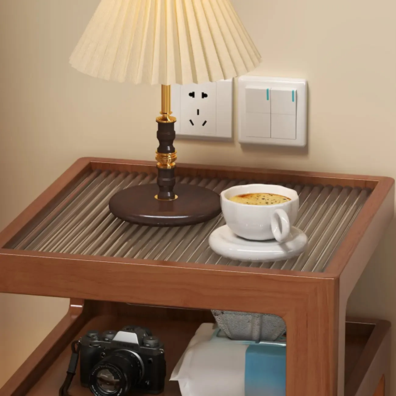Organic Wood Bedside Cabinet with Glass Top Nightstand
