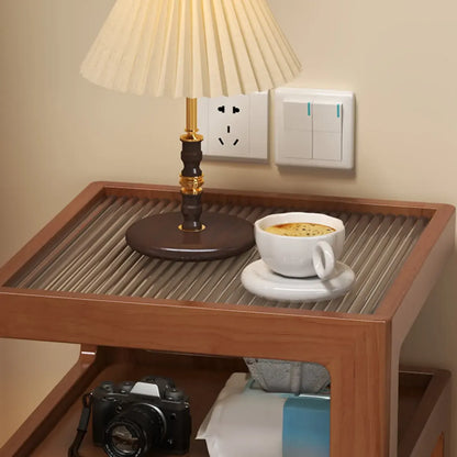 Organic Wood Bedside Cabinet with Glass Top Nightstand