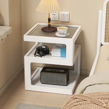 Organic Wood Bedside Cabinet with Glass Top Nightstand