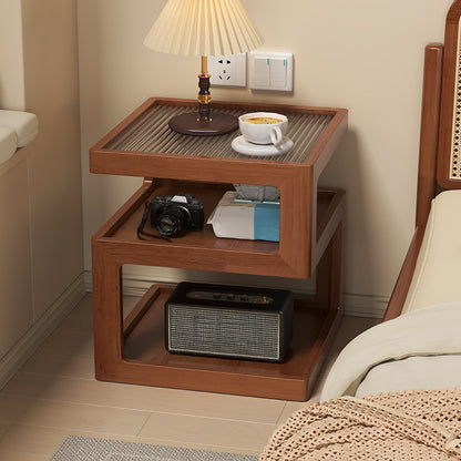 Organic Wood Bedside Cabinet with Glass Top Nightstand