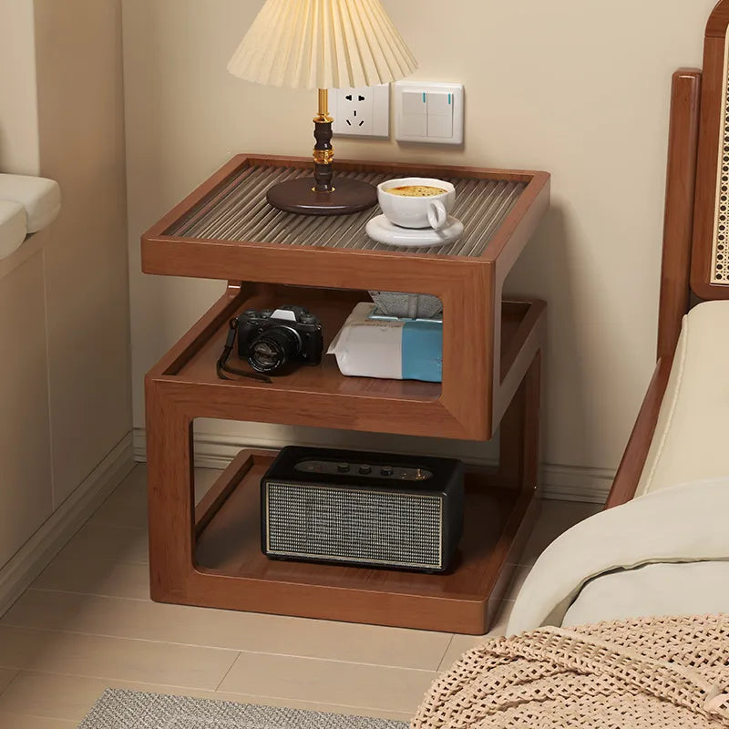 Organic Wood Bedside Cabinet with Glass Top Nightstand