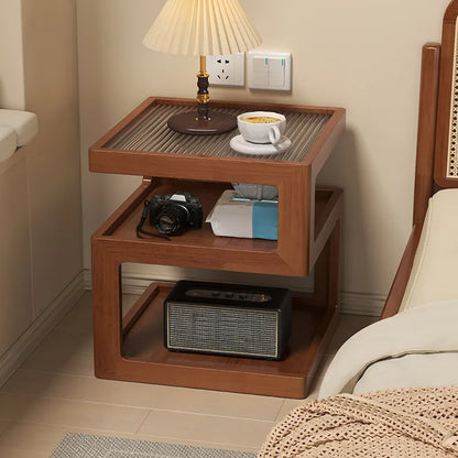 Organic Wood Bedside Cabinet with Glass Top Nightstand