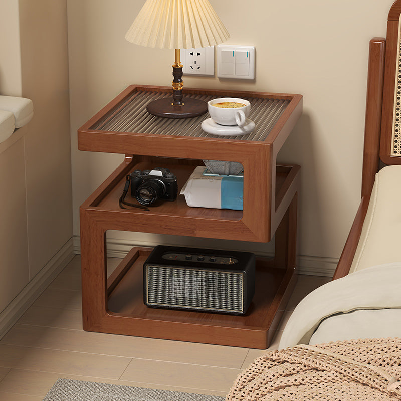 Organic Wood Bedside Cabinet with Glass Top Nightstand
