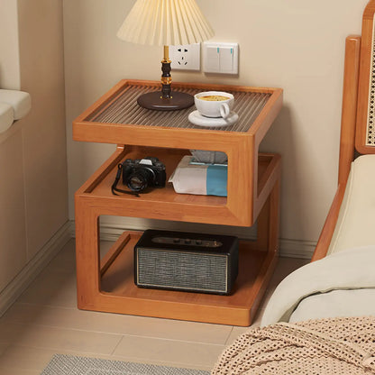 Organic Wood Bedside Cabinet with Glass Top Nightstand