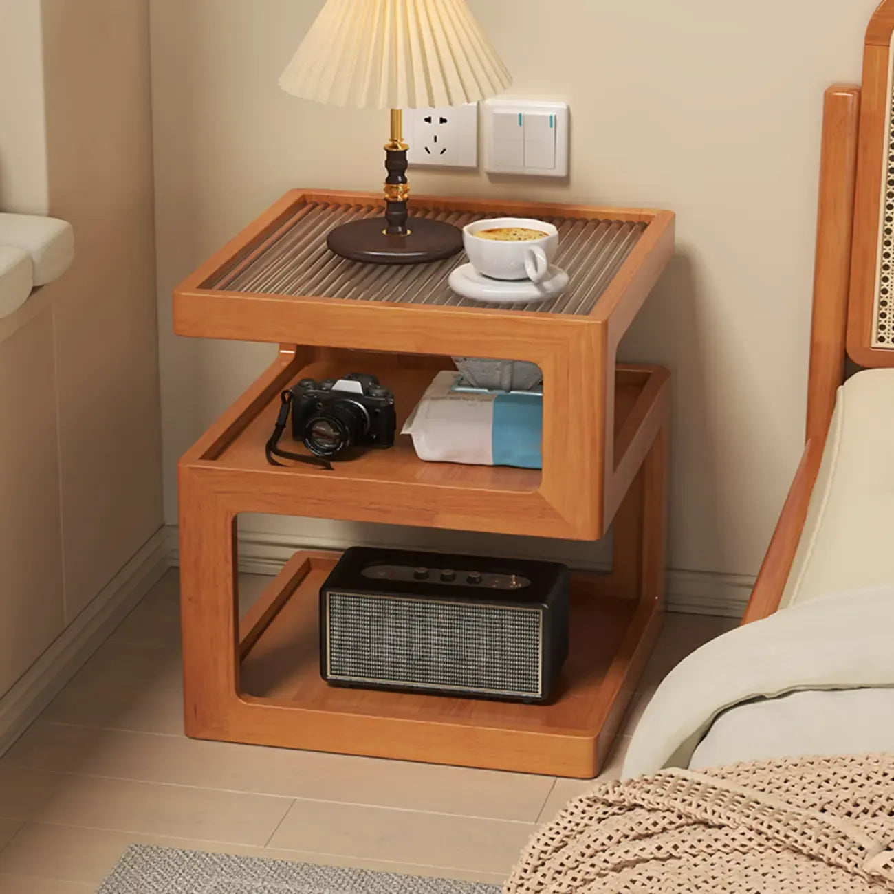 Organic Wood Bedside Cabinet with Glass Top Nightstand
