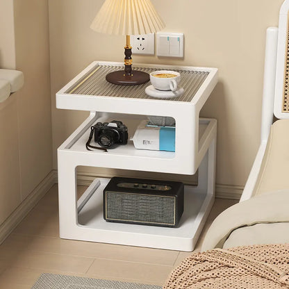 Organic Wood Bedside Cabinet with Glass Top Nightstand