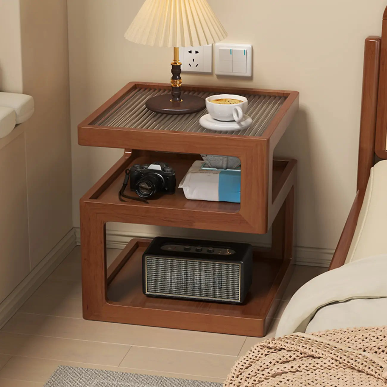 Organic Wood Bedside Cabinet with Glass Top Nightstand