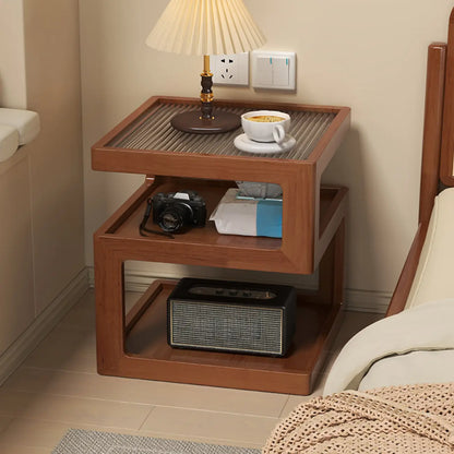 Organic Wood Bedside Cabinet with Glass Top Nightstand