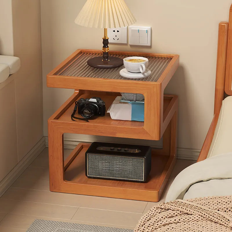 Organic Wood Bedside Cabinet with Glass Top Nightstand