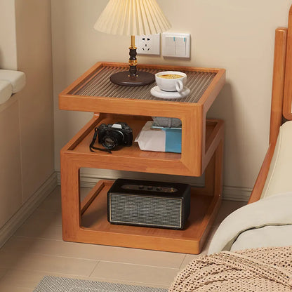 Organic Wood Bedside Cabinet with Glass Top Nightstand
