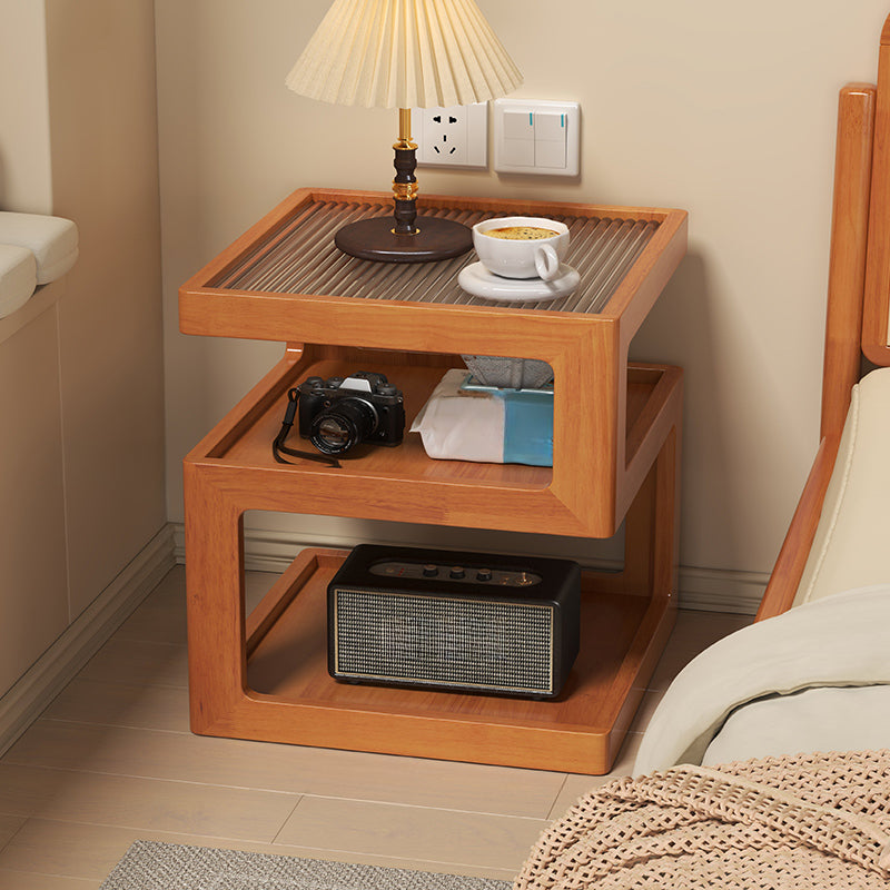 Organic Wood Bedside Cabinet with Glass Top Nightstand