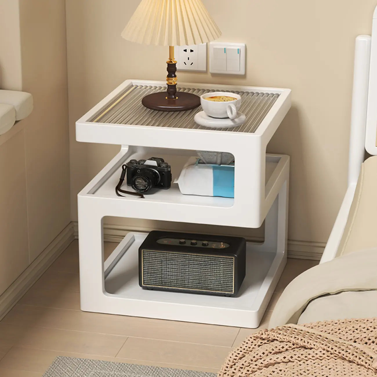 Organic Wood Bedside Cabinet with Glass Top Nightstand