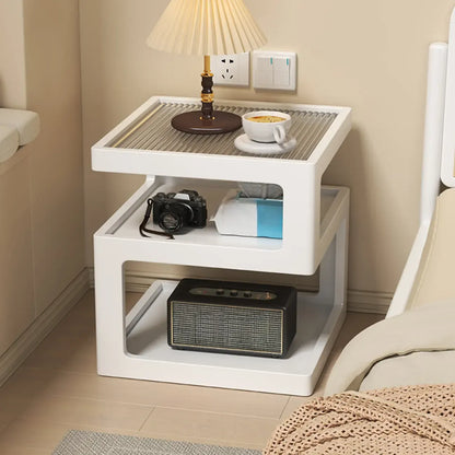 Organic Wood Bedside Cabinet with Glass Top Nightstand