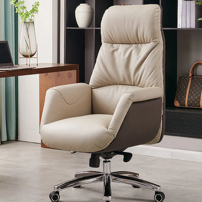 Beige Genuine Leather Swivel Ergonomic Chair with High-Back