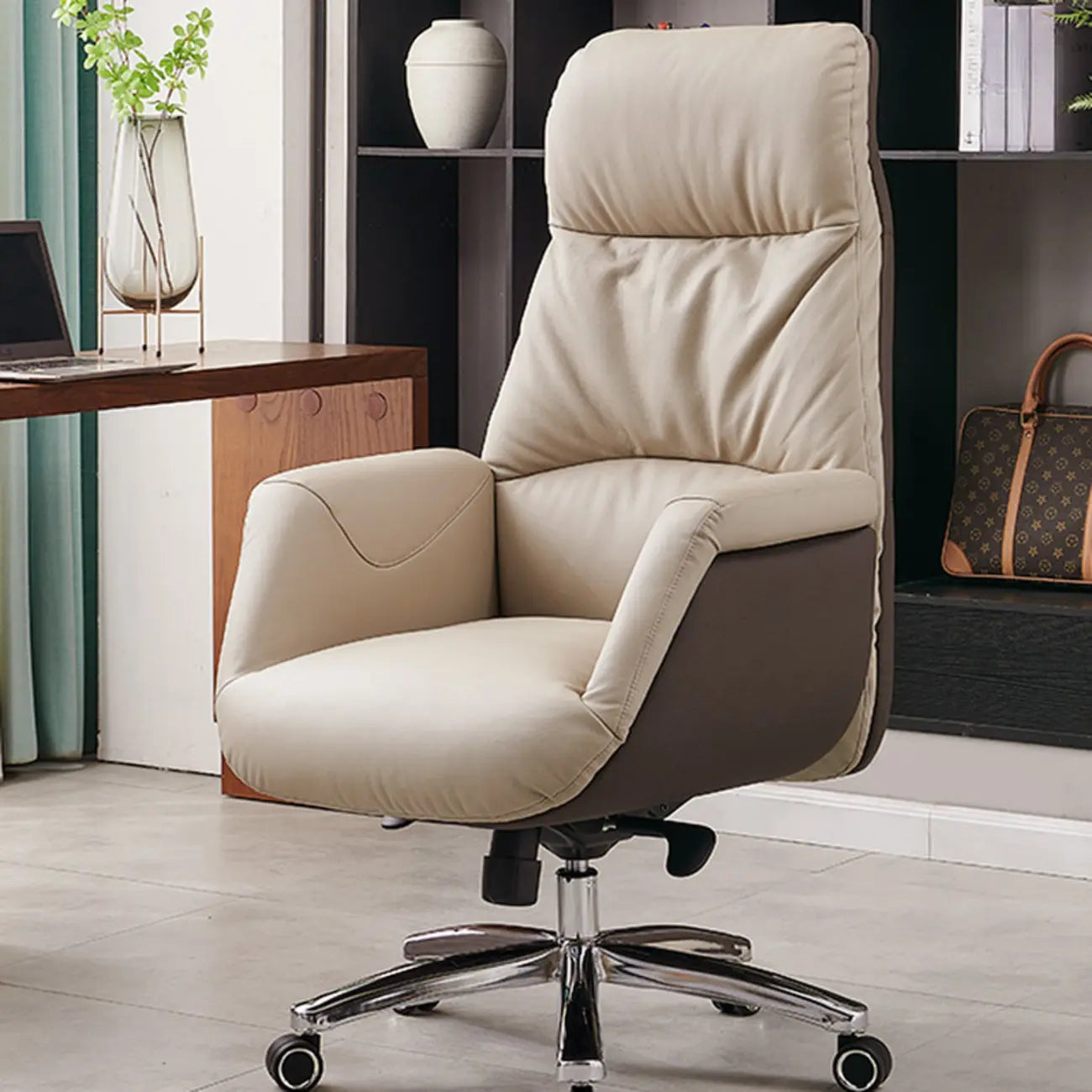 Beige Genuine Leather Swivel Ergonomic Chair with High-Back