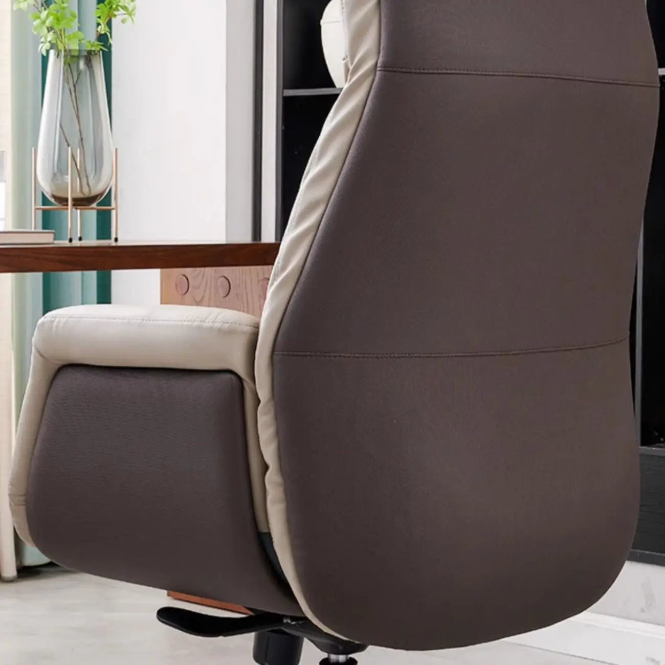 Beige Genuine Leather Swivel Ergonomic Chair with High-Back