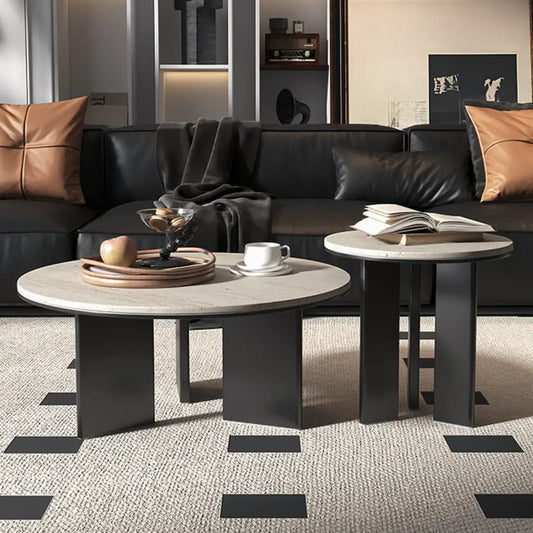 Minimalist Beige Travertine Round Coffee Table in Wood Base