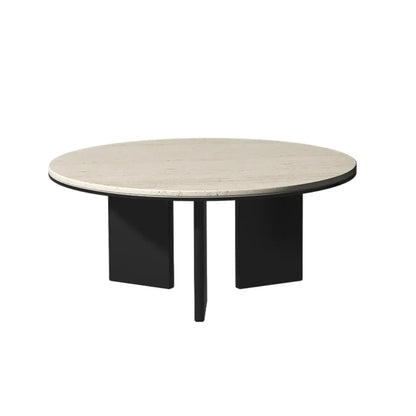 Minimalist Beige Travertine Round Coffee Table in Wood Base
