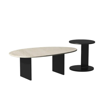 Minimalist Beige Travertine Round Coffee Table in Wood Base