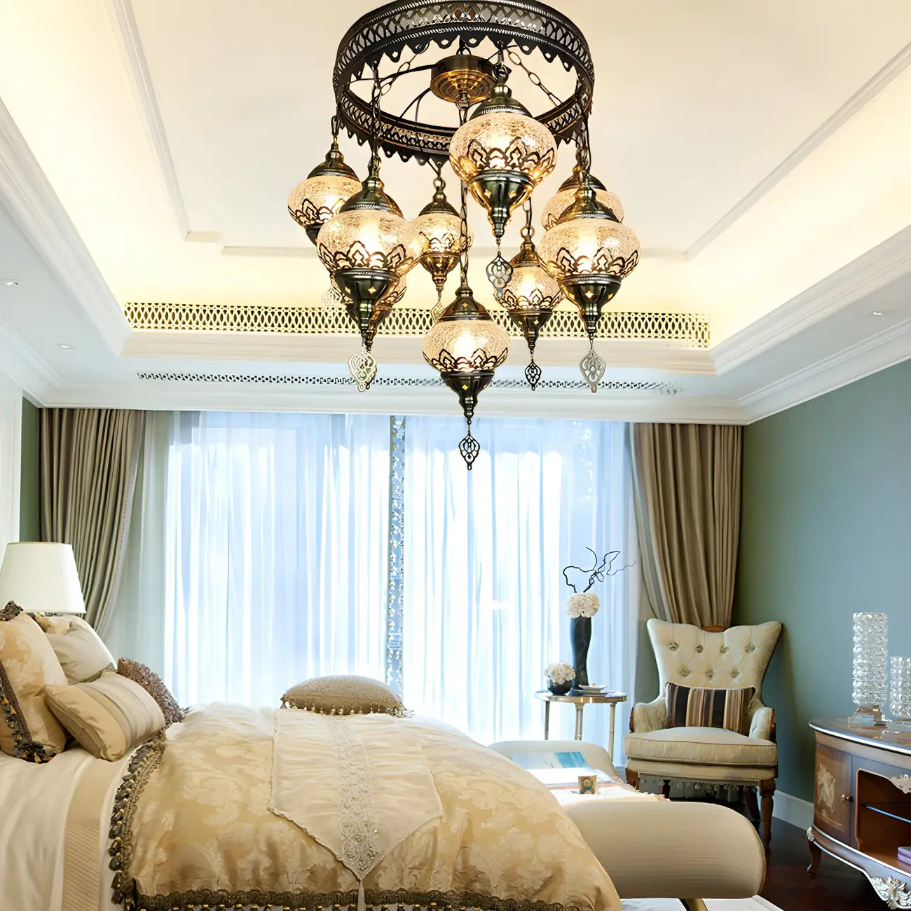 Retro 9-Light Bronze Glass Elliptical Chandelier