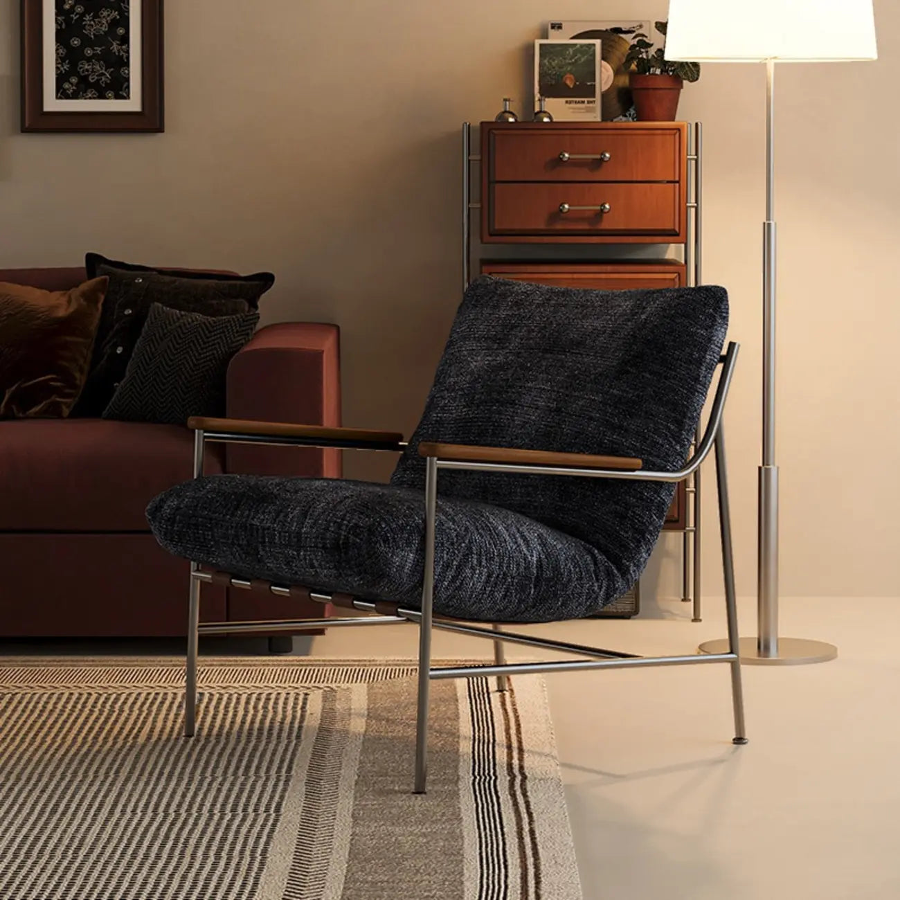 Mid-Century Modern Chenille Metal Frame Accent Chair