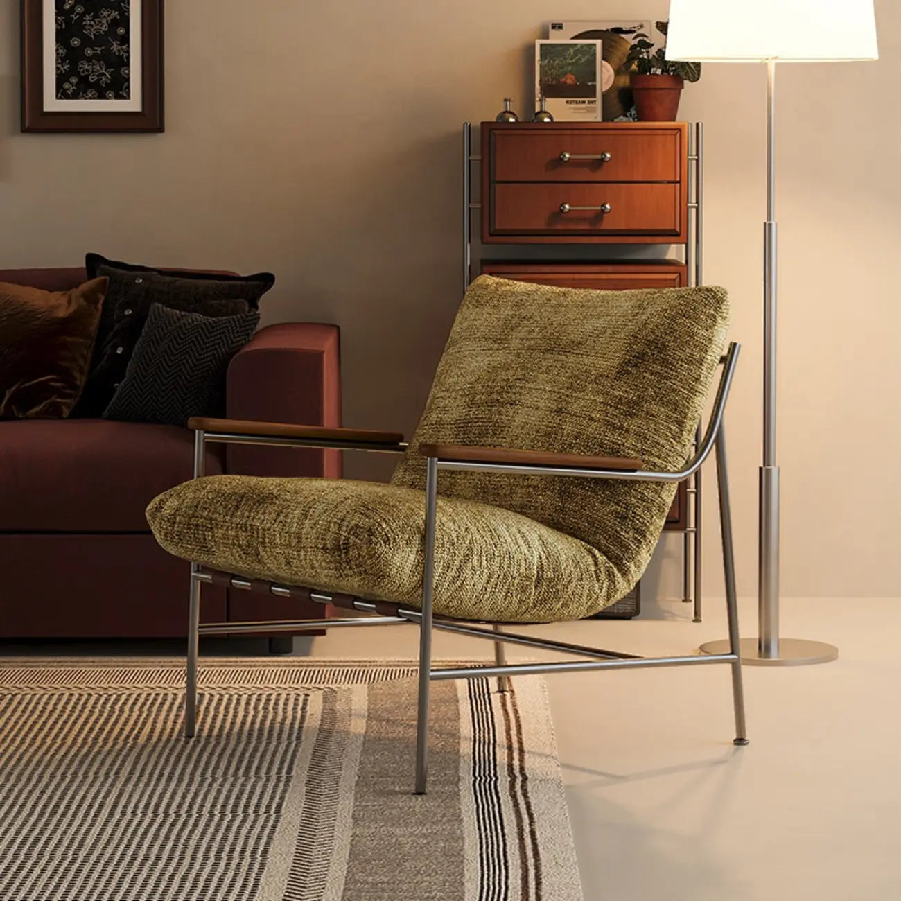 Mid-Century Modern Chenille Metal Frame Accent Chair