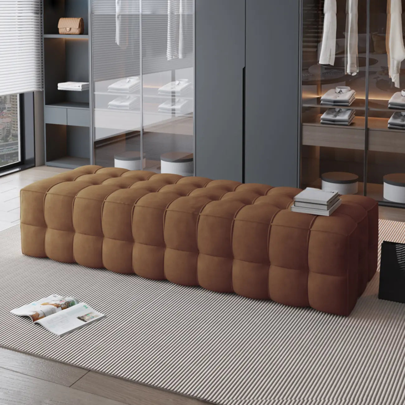 Contemporary Soft Gray Long Upholstered Bedroom Bench