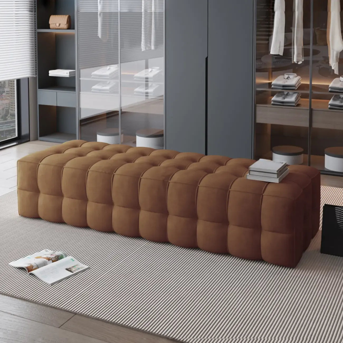 Contemporary Soft Gray Long Upholstered Bedroom Bench