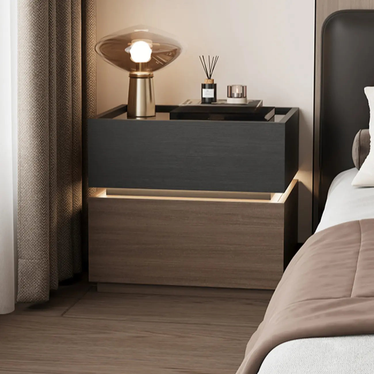Illuminated Modern Wood Glass Nightstand Storage