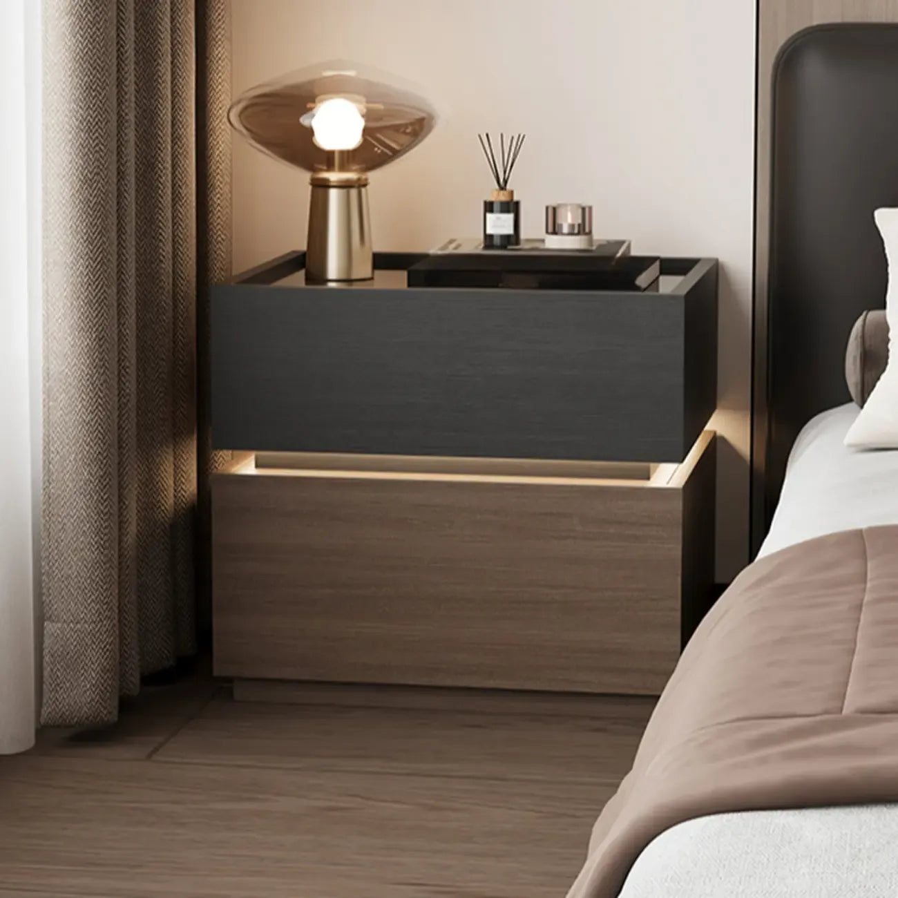 Illuminated Modern Wood Glass Nightstand Storage