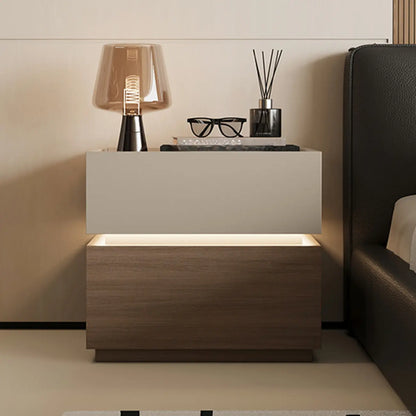 Illuminated Modern Wood Glass Nightstand Storage