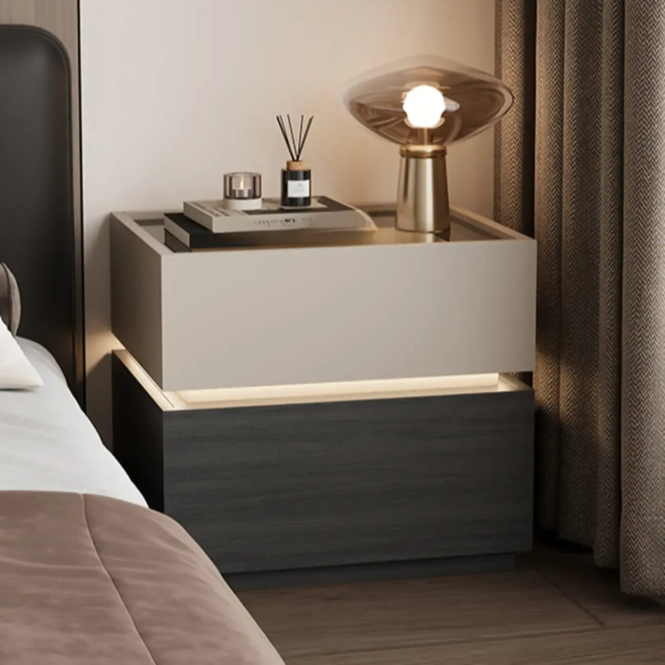 Illuminated Modern Wood Glass Nightstand Storage