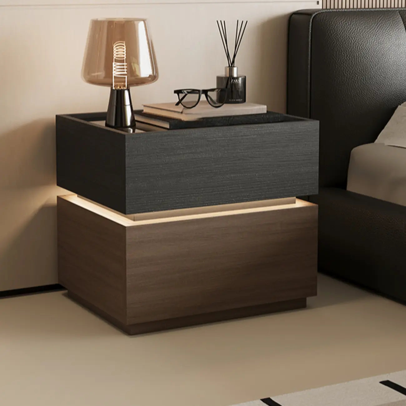 Illuminated Modern Wood Glass Nightstand Storage
