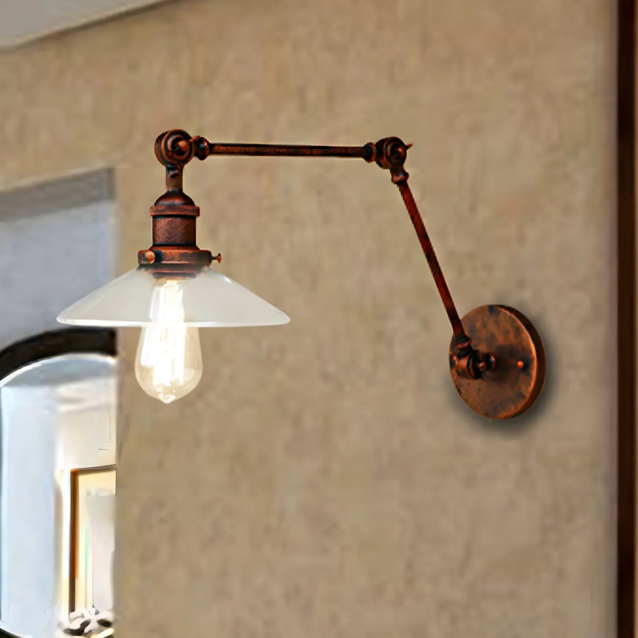 Antique Brass Glass Industrial Swing Arm Wall Light