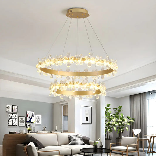 Modern Gold Dimmable LED Flower Crystal Ring Chandelier