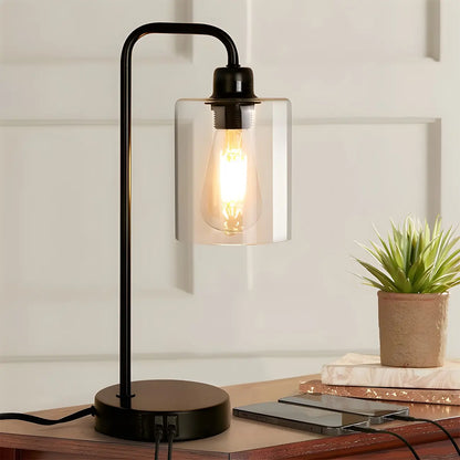 Simple Black Metal Glass Barrel Table Lamp with Touch Switch