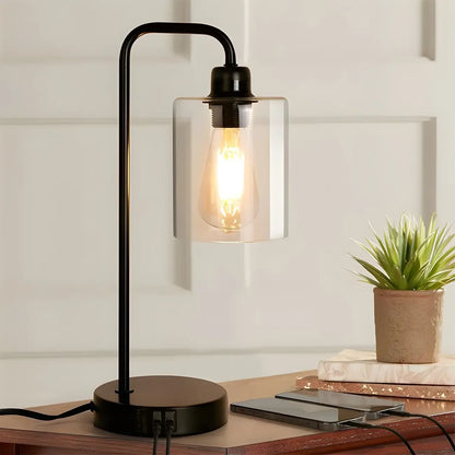 Simple Black Metal Glass Barrel Table Lamp with Touch Switch