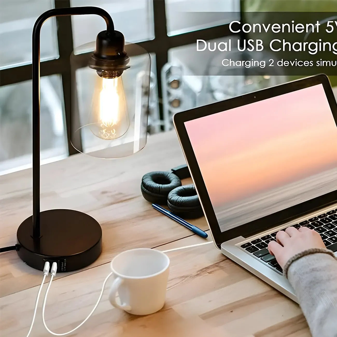 Simple Black Metal Glass Barrel Table Lamp with Touch Switch