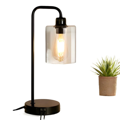 Simple Black Metal Glass Barrel Table Lamp with Touch Switch