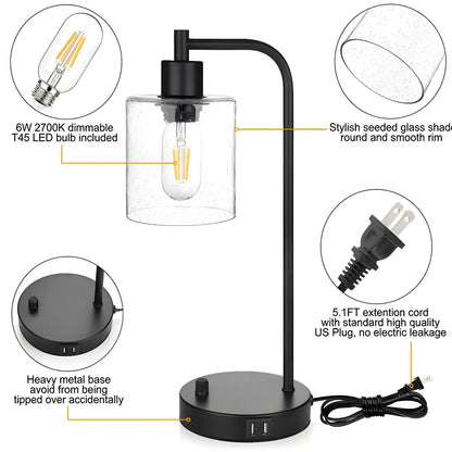 Simple Black Metal Glass Barrel Table Lamp with Touch Switch