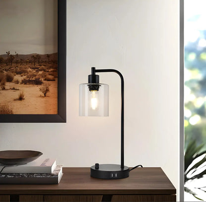 Simple Black Metal Glass Barrel Table Lamp with Touch Switch