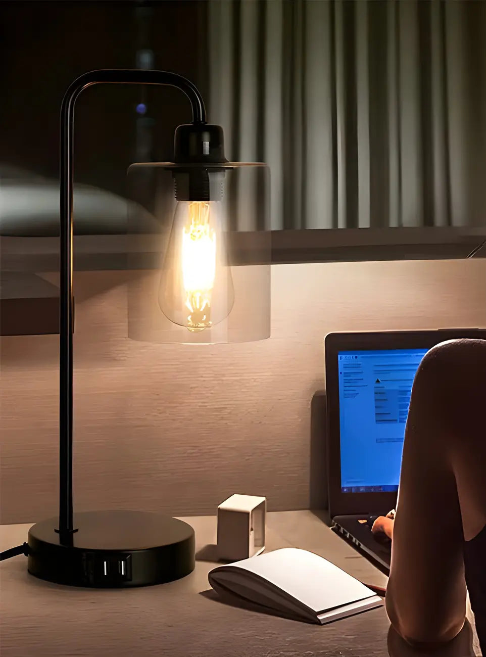 Simple Black Metal Glass Barrel Table Lamp with Touch Switch