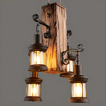 Industrial Farmhouse Metal Wood Rectangular Chandelier