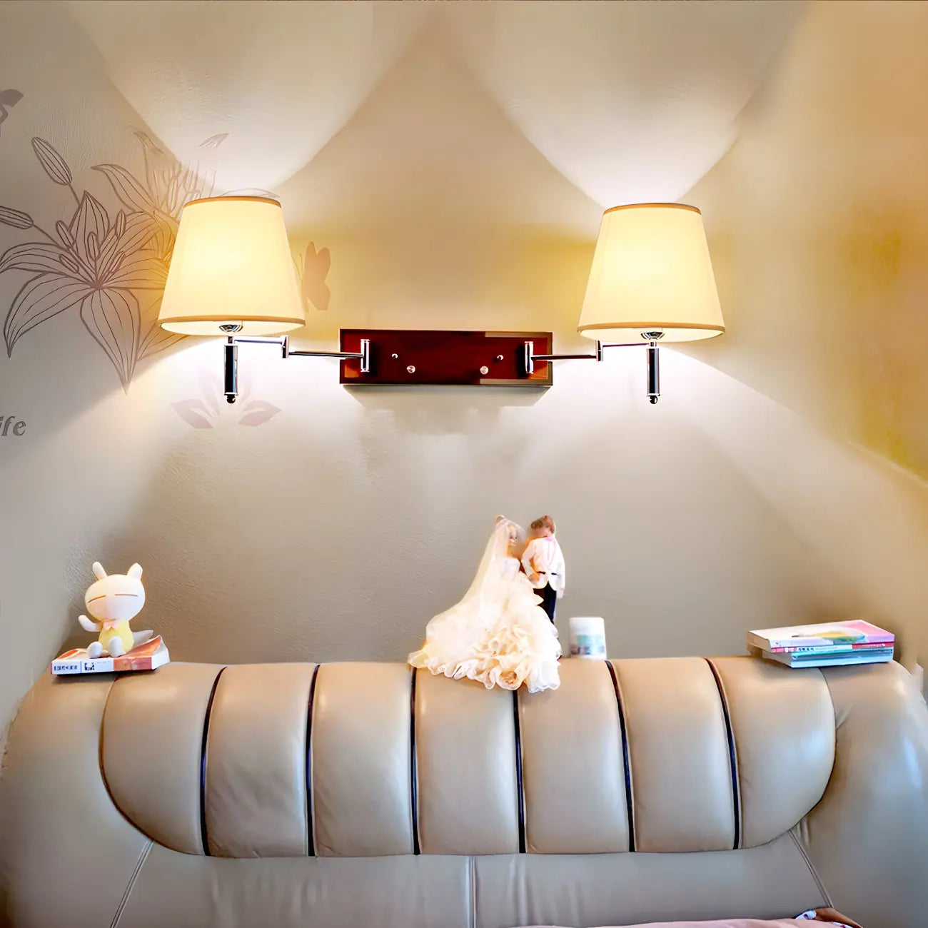 2-Light Silver Swing Arm Fabric Shade Wall Light